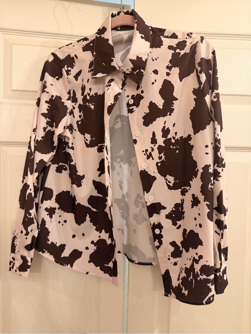 Womens Brown and Cream Cow Print Button-Up Shirt Jacket